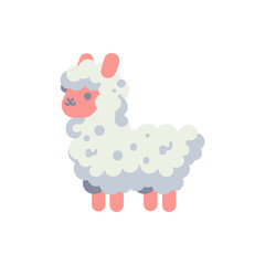 Cute cartoon llama standing on a white background, showcasing its fluffy coat and playful expression
