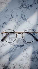 Metallic frames eyewear Stylish Round Glasses with Thin Frame on Marble Background