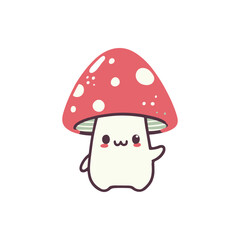 Cute cartoon mushroom character with a pink cap and white spots waving cheerfully