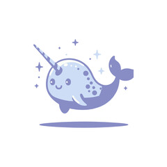Cute cartoon narwhal swimming joyfully in a whimsical ocean scene with sparkling stars