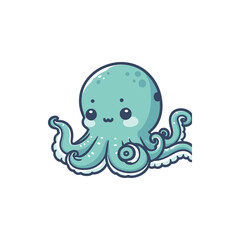 Cute cartoon octopus with a friendly expression, swimming in a vibrant underwater scene
