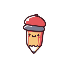Cute cartoon pencil character wearing a cap, smiling against a plain background, ideal for education