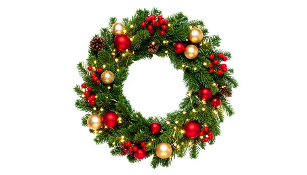 Christmas wreath decoration with red berries and green ribbon on a white background