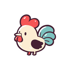 Cute cartoon rooster with vibrant colors standing on a white background, ideal for children's illustrations