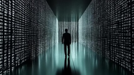 Man walking in a digital corridor with binary code data streams simulation