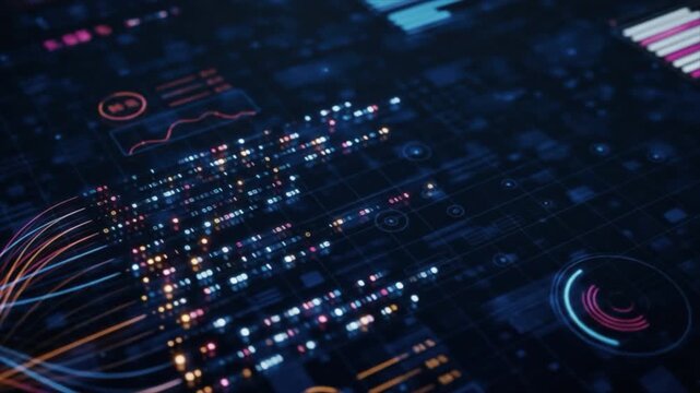 AI futuristic digital data visualization, neural network connections flowing into a grid of glowing binary code and analytics charts, vibrant neon colors (blue, orange, pink), cyber interface