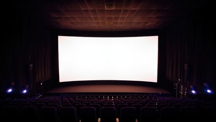 Empty Movie Theater with a Large Blank Screen and Rows of Seating Ready for the Show Providing a Cinematic Experience and Entertainment Venue Space