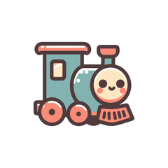 Cute cartoon train with smiling face, colorful design, set against a simple white background