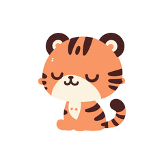 Cute cartoon tiger character sitting peacefully with a joyful expression, minimal background