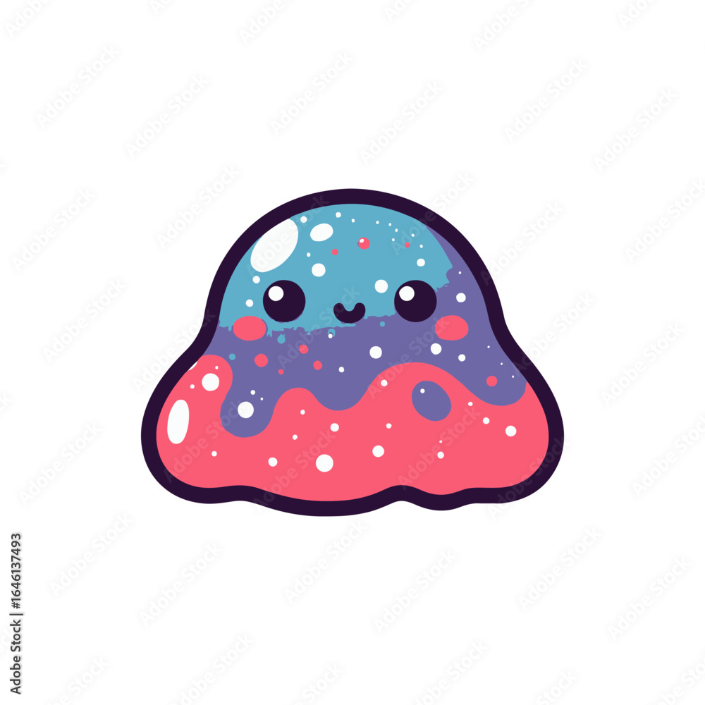 Poster cute, colorful blob character with a smiling face, set against a simple white background