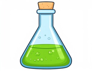 Cartoon Style Flask Filled With Green Bubbling Liquid Isolated on Transparent Background