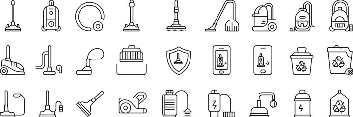 Vacuum cleaner and cleaning icons upright, canister, backpack, cordless, robotic, attachments, recycling bin, mobile control, and safety shield