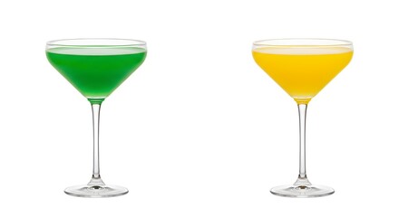 Vibrant Green and Yellow cocktails in modern glasses show colorful drinks for events, posters, or beverage branding.