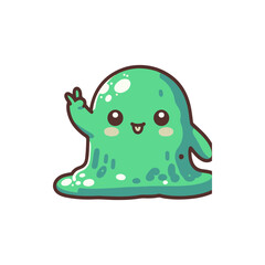 Cute green slime character waving cheerfully, set against a simple white background