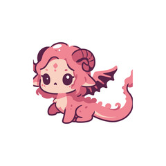 Cute pink dragon character with small wings and horns, sitting playfully against a blank background