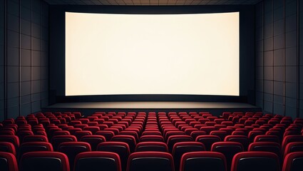 Fototapeta premium Empty Movie Theater with Red Seats and a Large Screen Ready for Viewing Awaiting the Audience for an Immersive Cinematic Experience
