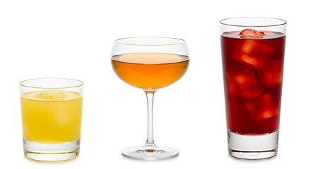 Drinks isolated with ice. Yellow, amber, and red on white surface. Use for product photography, restaurant design, branding.