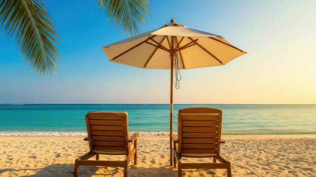 Two empty lounge chairs and a large umbrella sit on a sandy beach facing the calm turquoise ocean under a clear blue sky with palm fronds framing the scene