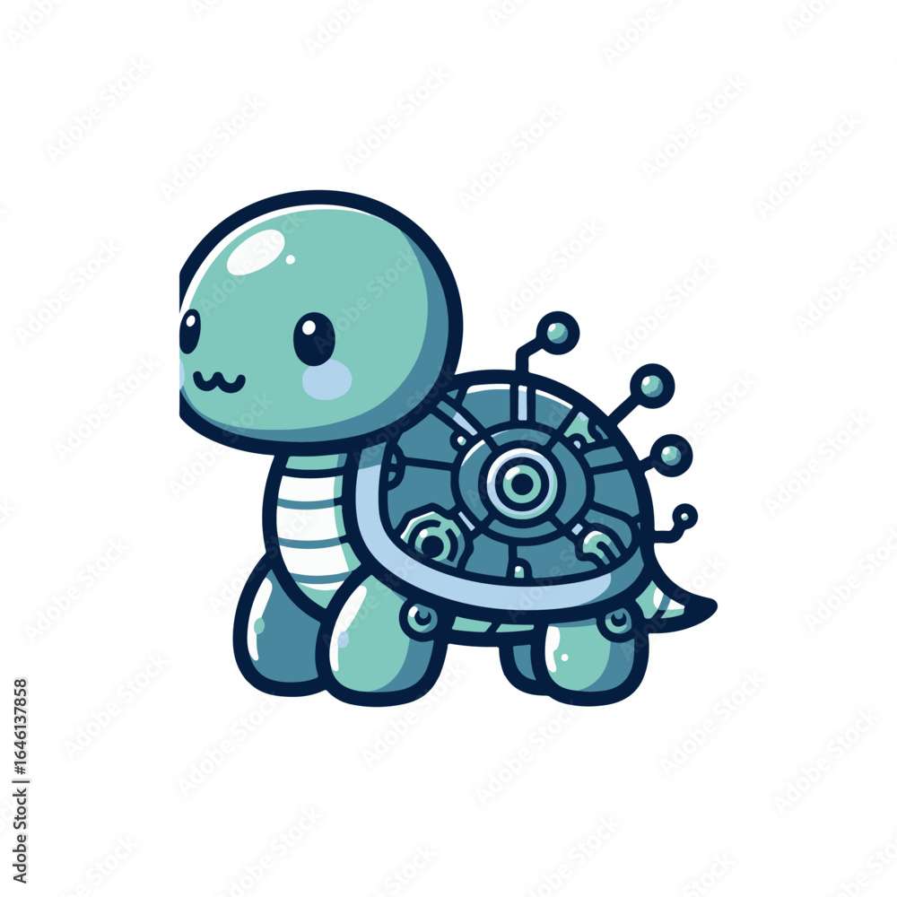 Poster cute robotic turtle character with a friendly expression, set against a minimalistic background