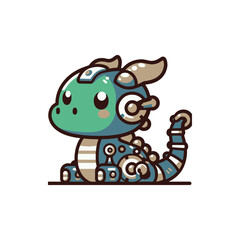 Cute robotic dragon character with a playful expression, set against a minimalist background