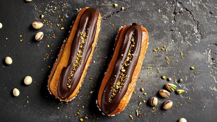 eclairs in chocolate close-up top view. Selective focus - Powered by Adobe