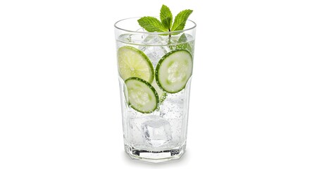 Refreshing drink features ice, lime, cucumber, and mint in a glass. Ideal for beverage branding, recipe visuals, or product photography.