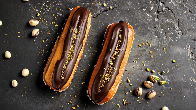 eclairs in chocolate close-up top view. Selective focus