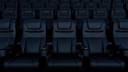 Fototapeta premium Empty Rows of Luxurious Leather Seats in a Dark Movie Theater Ready for Guests to Enjoy Cinematic Experience and Entertainment