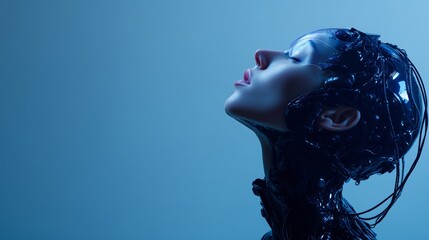Close-up of a futuristic cyborg woman with intricate technology against a blue background, symbolizing advanced AI and cybernetic concepts.