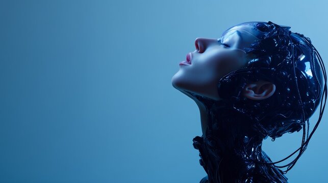 Close-up of a futuristic cyborg woman with intricate technology against a blue background, symbolizing advanced AI and cybernetic concepts.