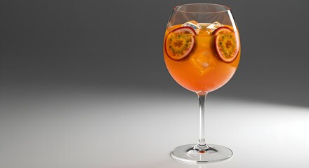 Orange drink fills glass with passion fruit on gray backdrop. Smooth surface displays product, perfect for menu design or food photography.