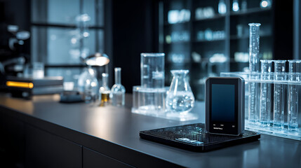 Naklejka premium Modern Laboratory Setting with Glassware and Technology