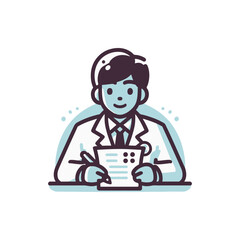 Professional man in a suit writing notes at a desk, with a light background and focused demeanor