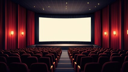 Grand Movie Theater with Red Curtains and Empty Screen Awaiting an Audience Ready for Cinematic Magic and Entertainment Showing a Classic Setting