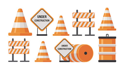 Construction Site Safety Equipment Collection Vector Illustration Orange Traffic Cones Barriers and Signs Alerting Drivers of Roadwork and Potential Hazards