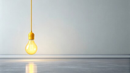 A single glowing incandescent light bulb hangs suspended casting warm light on a reflective floor and textured wall