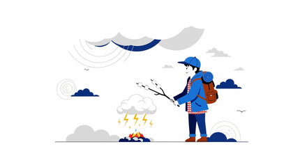 Illustration of a hiker roasting marshmallows during a thunderstorm in nature