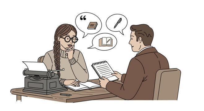 Interview with an author at their desk with a vintage typewriter illustration