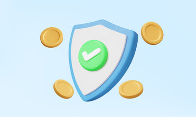 Security protection shield icon with check mark coins on pastel background. Money transfer currency payment insurance finance online system bank investment concept. 3d vector illustration. 