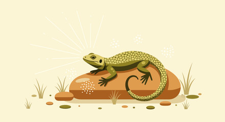 Fototapeta premium Illustration of a lizard resting on a rock in a minimalist desert landscape scene