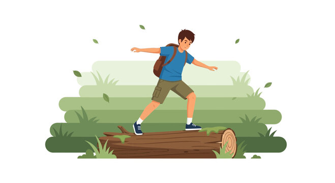 Illustration of a young man with backpack balancing on fallen log in nature scene