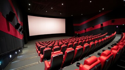 Interior view of a modern movie theater auditorium with empty red seats and a large blank screen offering a cinematic experience for viewers and entertainment enthusiasts