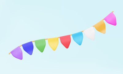 3D vector icon Flag garland colorfu on pastel background. Bunting theme rope decor party festival surprise Design feast celebration template congratulation event. cartoon illustration style