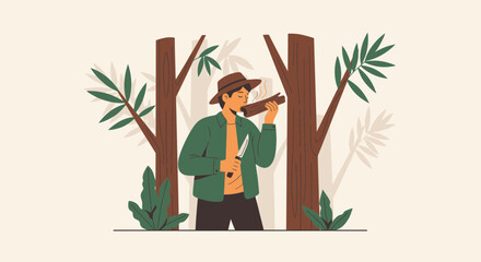 Illustration of a man in nature smelling wood holding knife in a forest landscape environment