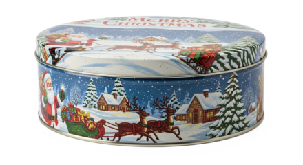 Classic round vintage tin container with festive Christmas print and metallic texture, perfect for holiday gifts and seasonal decor