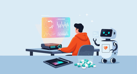 Illustration of a man using a projector and being assisted by a medical robot for healthcare analysis