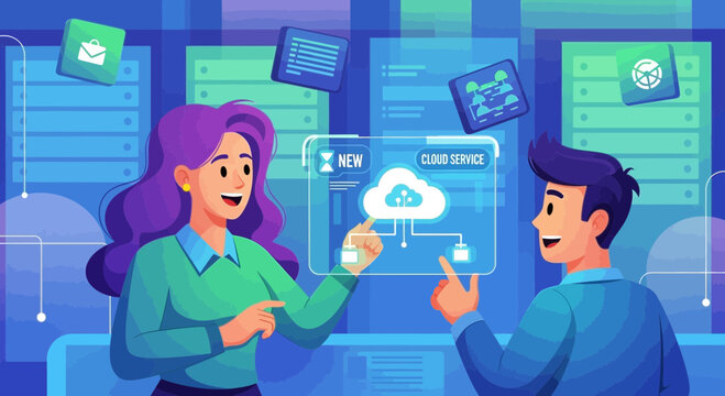 Illustration of cloud technology experts implementing modern cloud services for business - Powered by Adobe