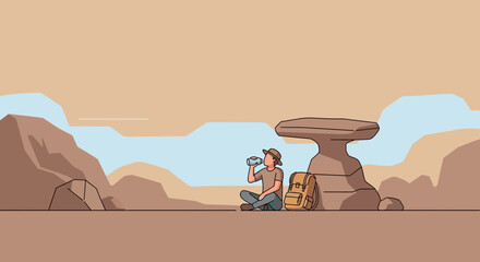 Illustration of Hiker Resting and Hydrating in the Desert Landscape with Unique Rock Formations