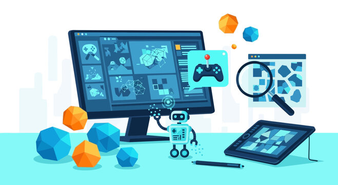 Illustration of game development process featuring a robot and design software tools
