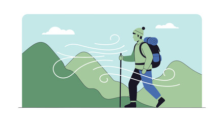 Illustration of a person hiking in windy weather with mountains in the background suitable for travel and adventure